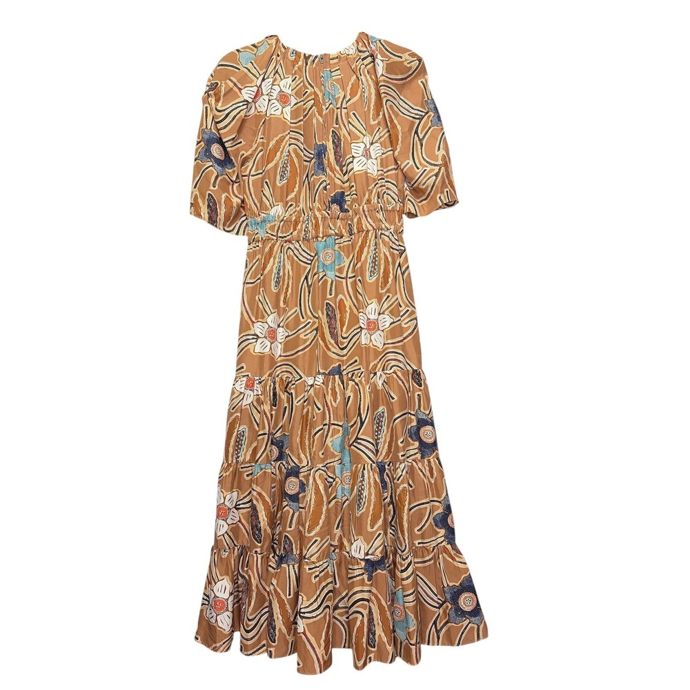 Ulla Johnson Zeenat Silk‎ Floral Batik Tiered Midi Dress Puff Sleeve Copper Sz 4 - Picture 7 of 12